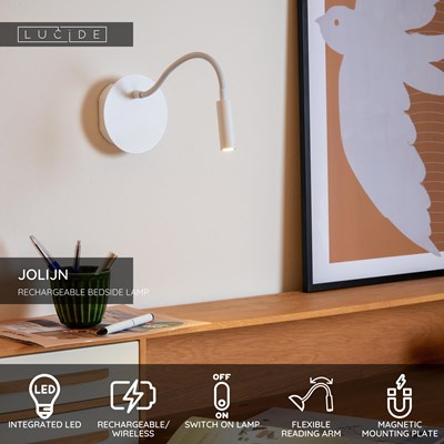 Lucide JOLIJN - Rechargeable Bedside lamp / Wall light - Battery pack - Ø 11 cm - LED - 1x2W 3000K - Magnetic - White